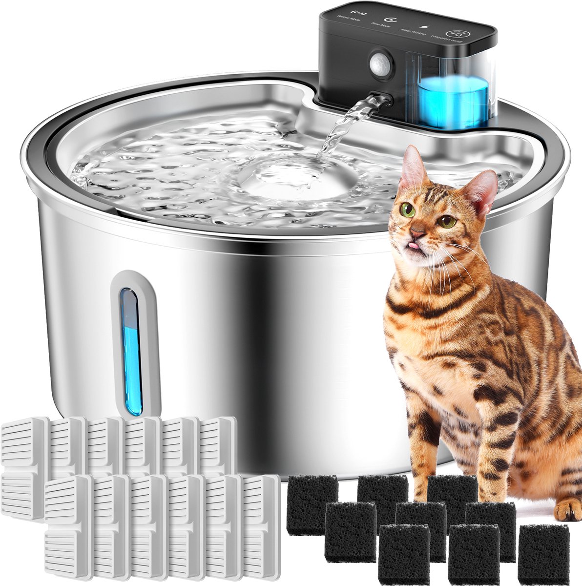 PAWPOLL - RVS Drinkfontein Kat - Draadloze met Sensor - Waterdispenser - incl. 3 filters - 3.2L Waterfontein Kat - Kattenfontein - Fluisterstil - Inclusief 12 Filter en 9 Sponzen - Zilver