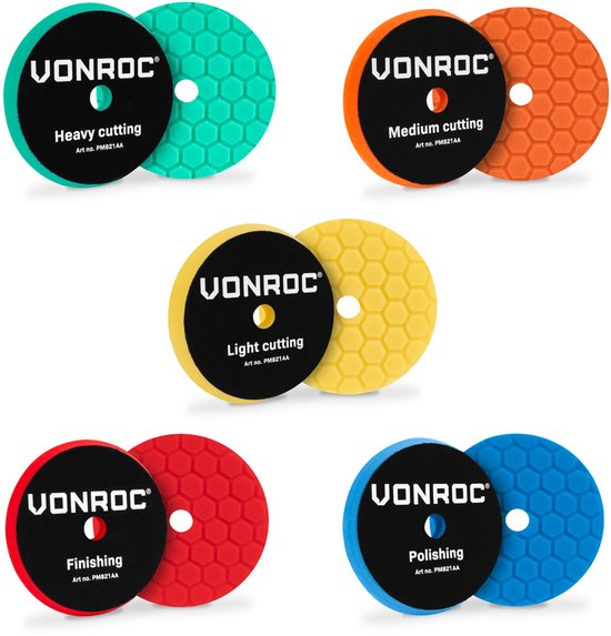 Disques de polissage VONROC - Ø 125 mm - Jeu complet de 5 disques pour la correction, la restauration du brillant et la finition