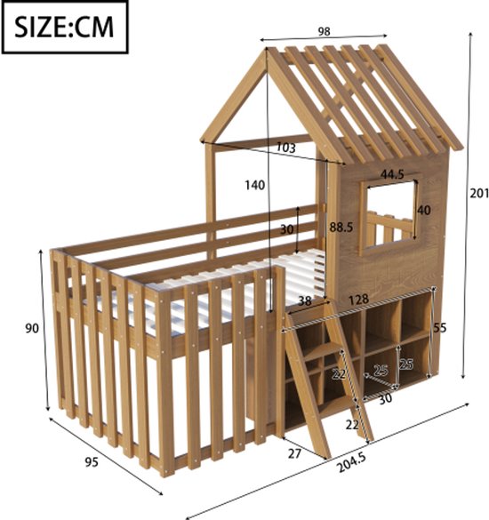 BLACKCOLORS Kinderbed, halfhoog bed, huisbed met dak en raam, barrière aan vier... | bol