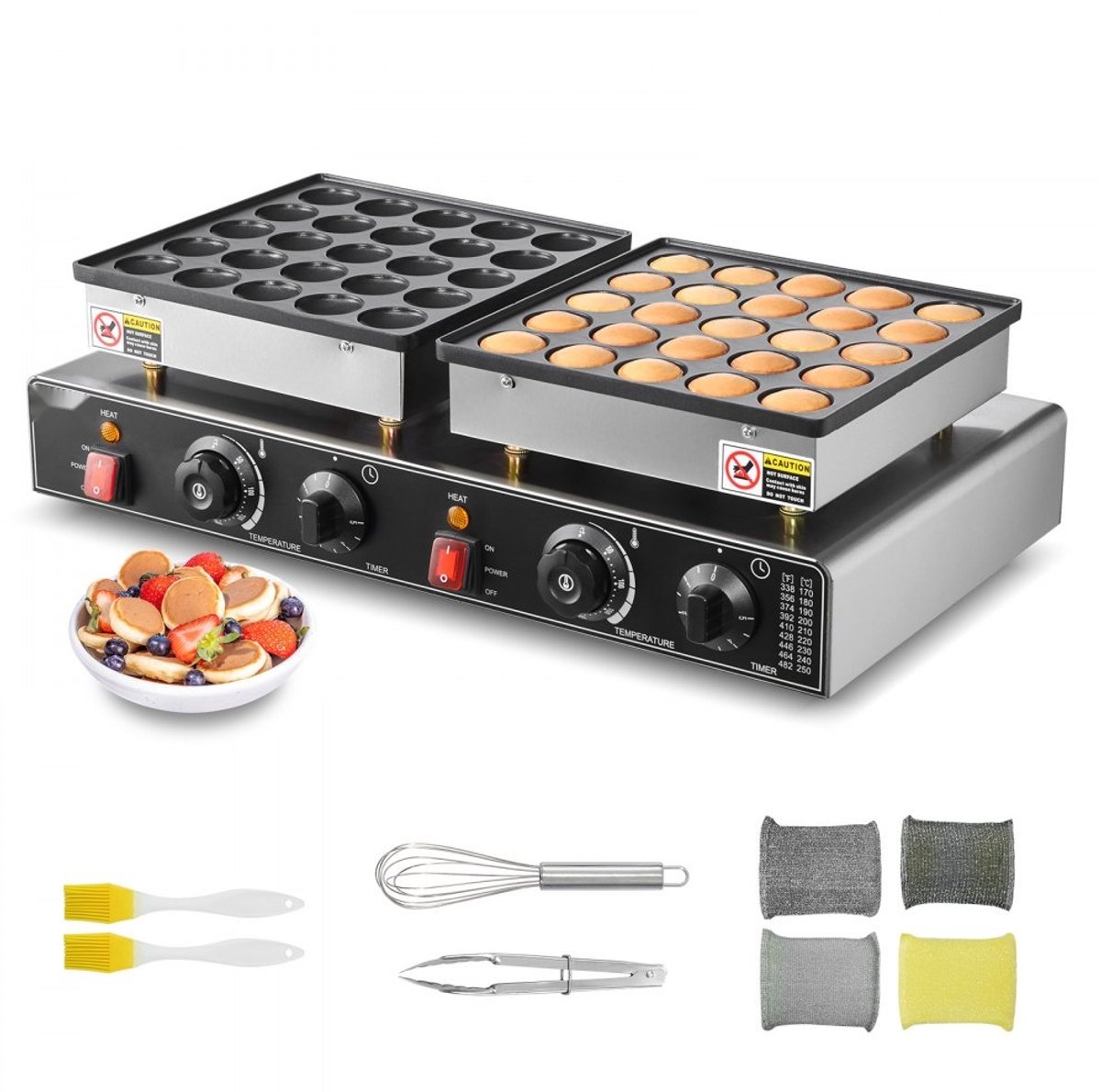 Poffertjesmaker - Elektrische poffertjes- en dorayaki-bakplaat - Capaciteit 50 Stuks - Antiaanbaklaag - Roestvrij Staal - Vermogen 1800 W - Dubbele Thermostaat en Timer - Horeca