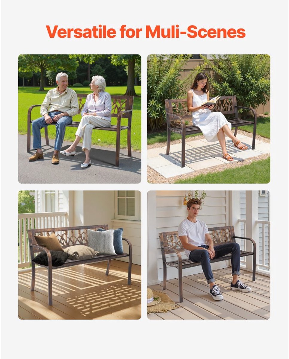 Tuinbank - Terrasbank/Balkonbank - 127 cm Breed - 250 kg Draagvermogen - Koolstofstalen Frame - PVC Bloemenpatroon - Armleuningen met Afgeronde Randen - Antiek Brons