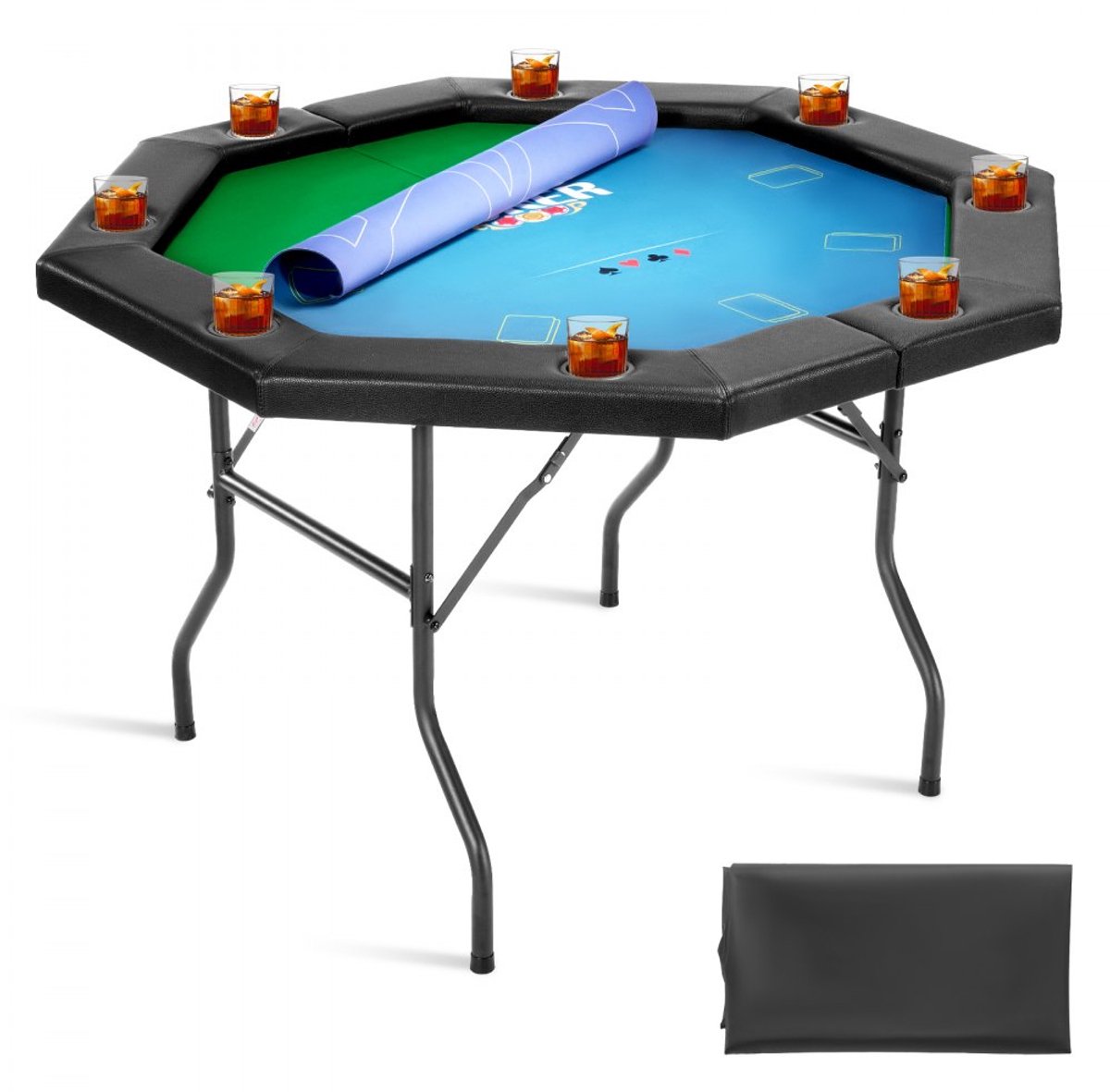 Pokertafel - Opvouwbare Achthoekige Poker Tafel Texas Hold'em - 132,5 cm - 8 Spelers - Bekerhouders - Gevoerde Armleuning - Vilt Speelveld - Metalen Poten