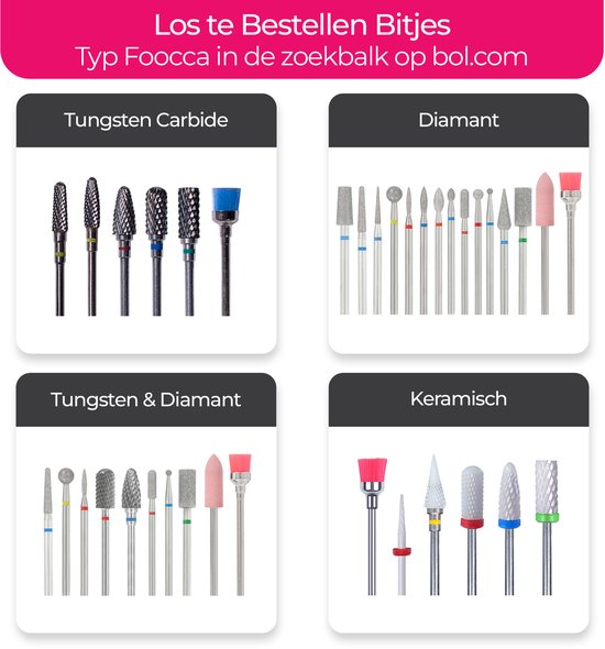 FOOCCA® Elektrische Nagelvijl - Nagelfrees 40000 RPM - Oplaadbaar - FOOCCA Portable - 12 Bitjes + 65 Schuurrolletjes + 3 Accessoires - Nagelstofkap - Manicure en Pedicure Set - Broekriemclip - Eeltverwijderaar - Kalknagels