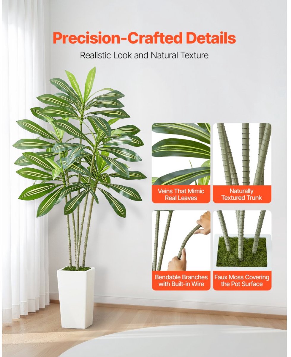 Kunstplant Dracaena Drakenboom - Kunstboom - 1,8 m Hoog - Met Hoge Witte Pot - Realistische Kunstzijden Bladeren - Onderhoudsvrij - Voor Binnen en Buiten