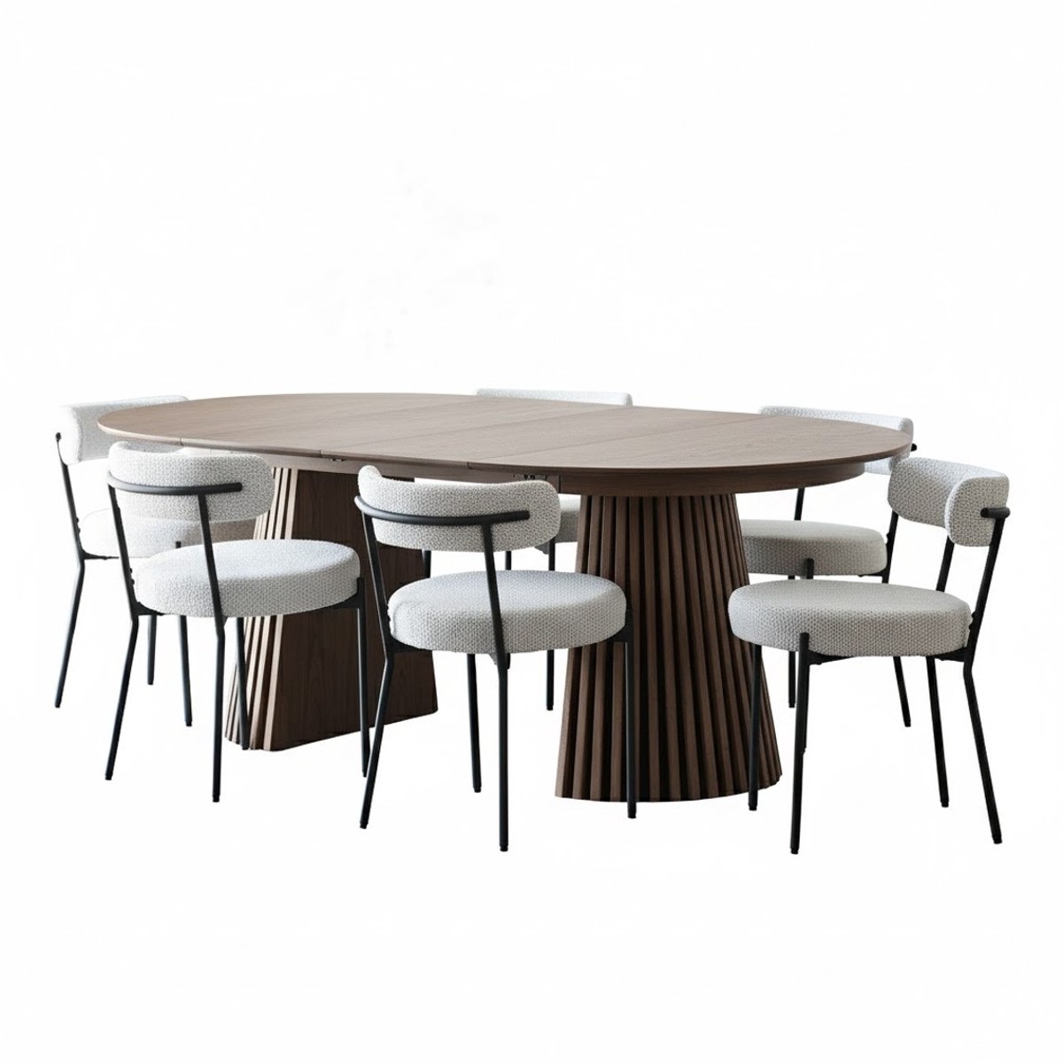 Tokyo eethoek eettafel incl. 2 verlengbladen Ø120x120-160-200cm smoked en 6 stoelen bouclé wit.