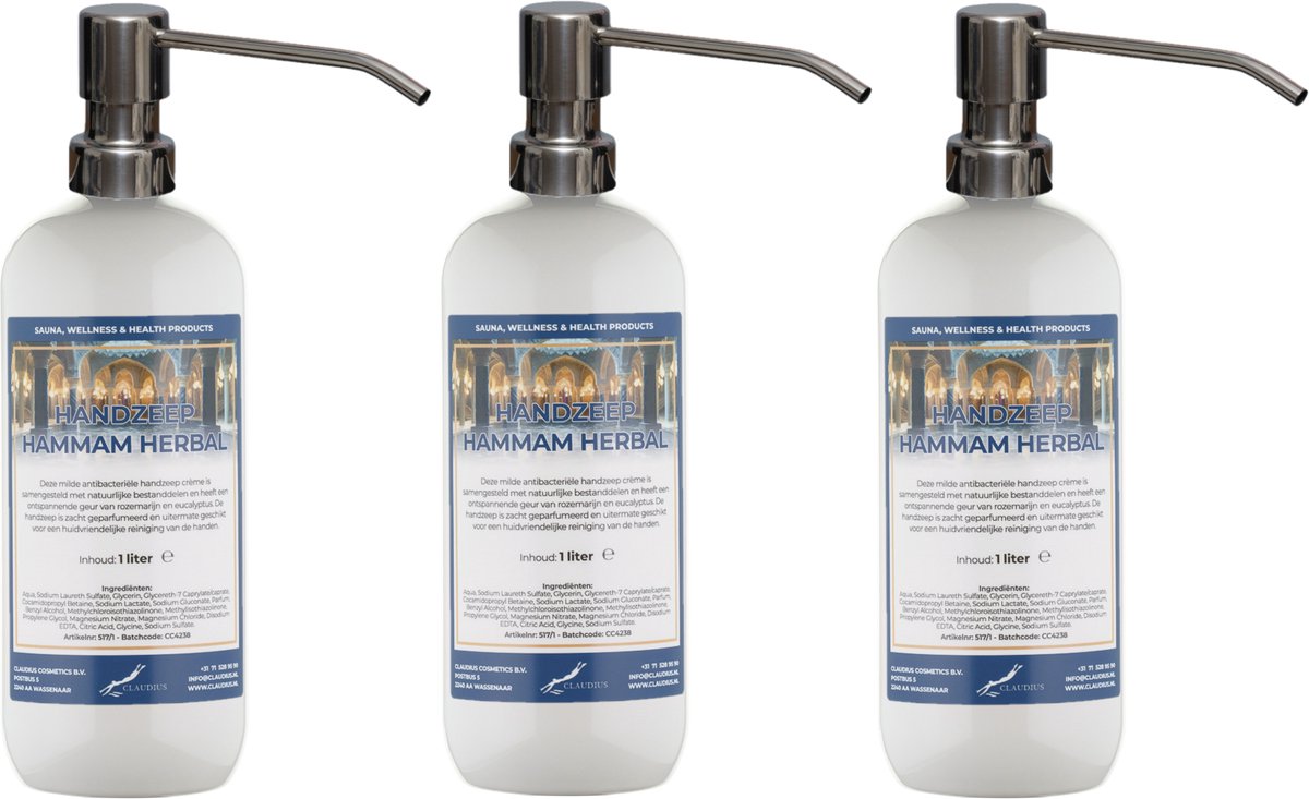 Handzeep Hammam Herbal 1 liter - set van 3 stuks - met gratis RVS zilverkleurige pomp - Voordeelverpakking