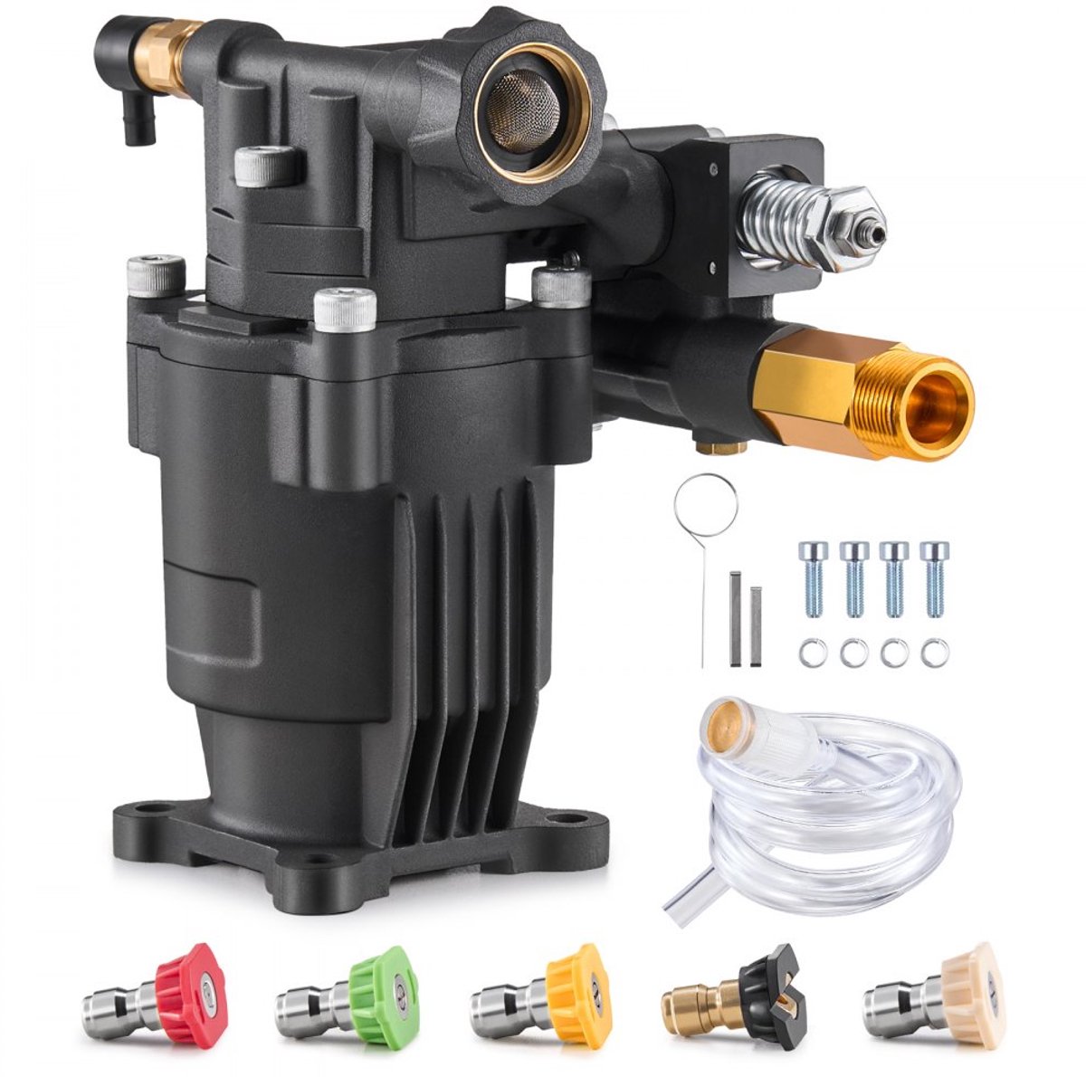 Hogedrukreinigerpomp - Vervangingsset - Horizontale As 1,9 cm - Druk 3500 PSI / 240 Bar - Debiet 9,5 l/min - Incl. 5 Sproeiers + Montagemateriaal + Sifonbuis - Levensduur 150 Uur