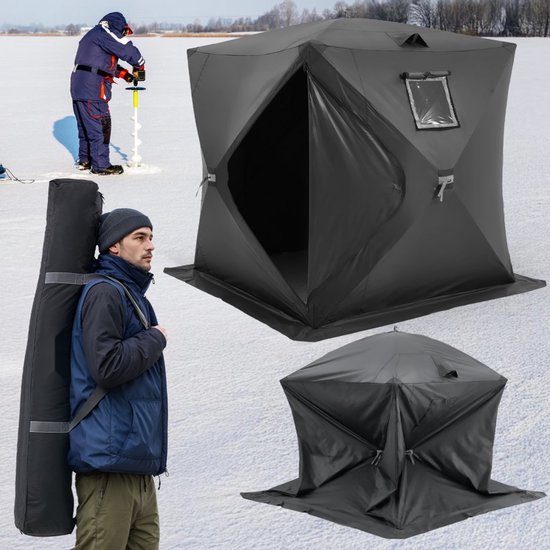 IJsvistent - Pop-up IJstent voor 3-4 Personen - Thermisch Geïsoleerd - Water- en Winddicht - Afmeting 230 x 230 x 200 cm - Met Ankers en Touwen - Inclusief Draagtas - Zwart — afbeelding 5