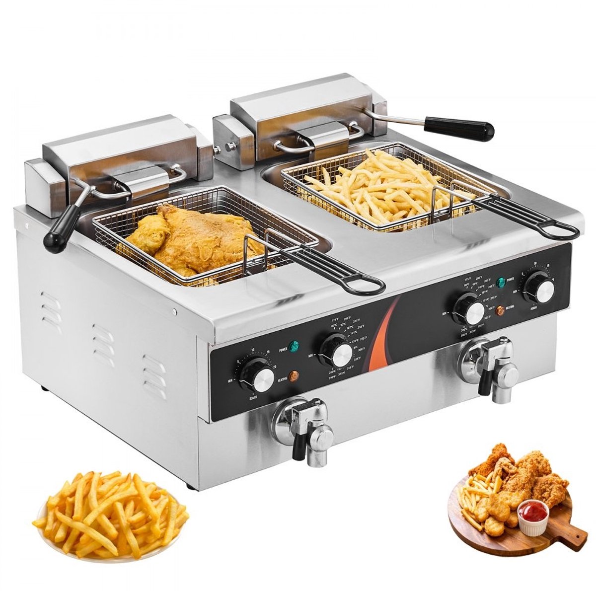 Elektrische Friteuse - Dubbele Tank Horeca Frituurpan - Vermogen 2x 3000 W - Inhoud 2x 5,9 L - Twee Manden - Roestvrij Staal - Tijd- en Temperatuurregeling