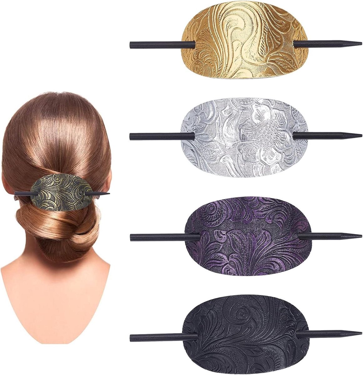 Set van 4 lederen haarspelden voor dames - Ovale vorm - Stylingstokken - Haarknot clips