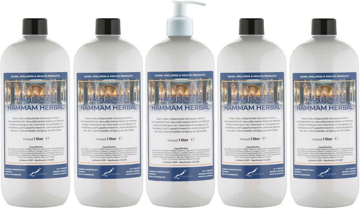 Handzeep Hammam Herbal 1 liter - set van 5 stuks - met gratis pomp - Voordeelverpakking
