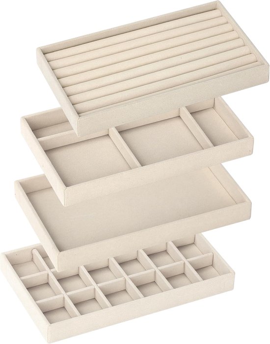 Boîte à bijoux, tiroir, organiseur de bijoux, plateau à bijoux, empilable, organisateur de bijoux pour bijoux, insert de tiroir, système de rangement, boucles d'oreilles, bracelet, bagues, 4 pièces, beige