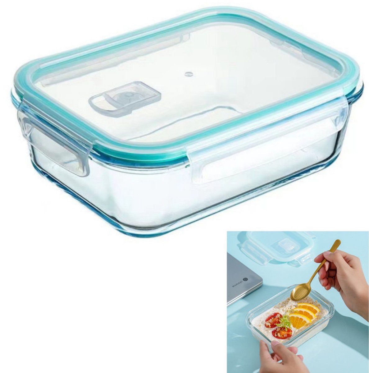 1 stuk - Glazen voedselcontainer - Glazen opbergdoos - Lunchbox - Voedselcontainer voor in de koelkast - Goede afdichting - Herbruikbaar - Transparant -1040 ml - Magnetron-, oven- en vaatwasserbestendig - Geschikt voor werk,school, kamperen en reizen