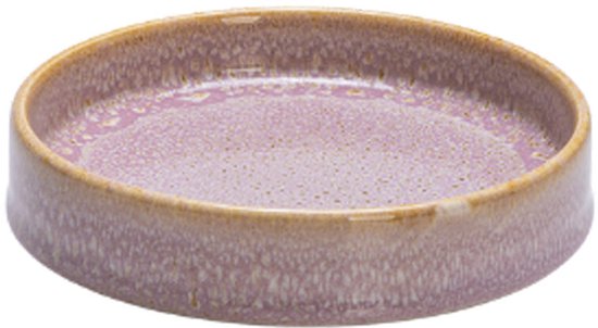Bol de nourriture en céramique rose avec un bord de couleur pâle.