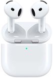 AirPods blancs dans un boîtier de chargement blanc ouvert avec une lumière verte. 'L' et 'R' visibles.