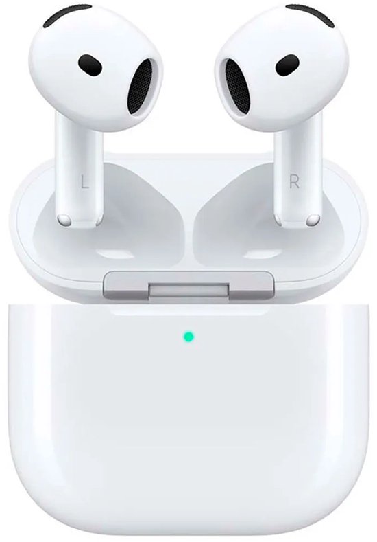 AirPods blancs dans un boîtier de chargement blanc ouvert avec une lumière verte. 'L' et 'R' visibles.