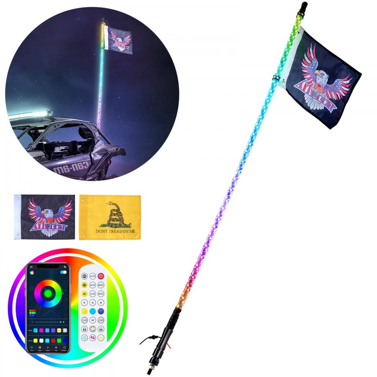 LED zweeplicht - Offroad vlaggenmast - Lengte 1,5 m - APP & RF Afstandsbediening - Spiraal RGB 360° - Waterdicht - Inclusief 2 Vlaggen - Voor ATV/UTV en motor