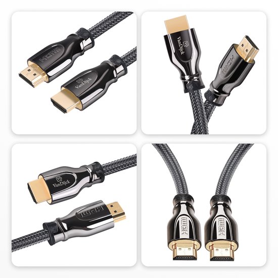 Collage van vier close-ups van zwarte HDMI kabels met gouden connectoren en het VanDijck logo.