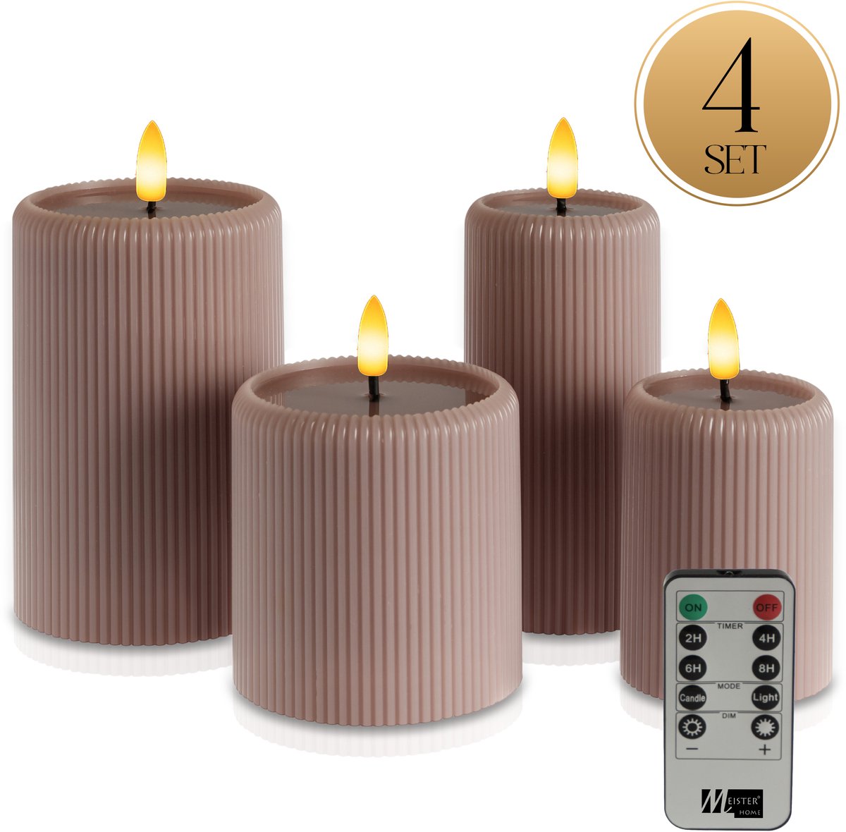 Meisterhome® LED Kaarsen 4-delige Set Violet – Flikkerend Licht – Met Afstandsbediening & Timer – Batterijverlichting – Ø7,5/10 cm, Hoogte 10/15 cm – Ribbeldesign – Vlamloos & Energiezuinig