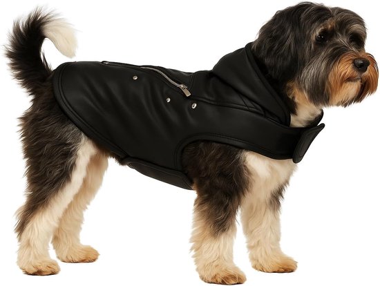 Een zwarte hond met een witte borst en snuit draagt een zwarte, kunstlederen bikerjas met rits en studs.