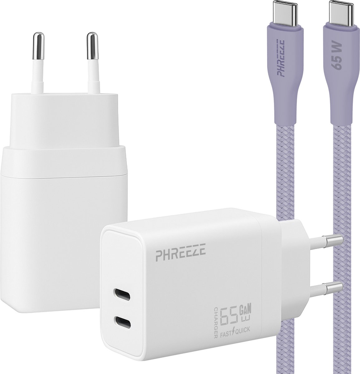 Phreeze usb C oplader 65w met kabel - Power Delivery snellader met 2 usb C poorten - voor laptop, telefoon & tablet - Paarse oplaadkabel