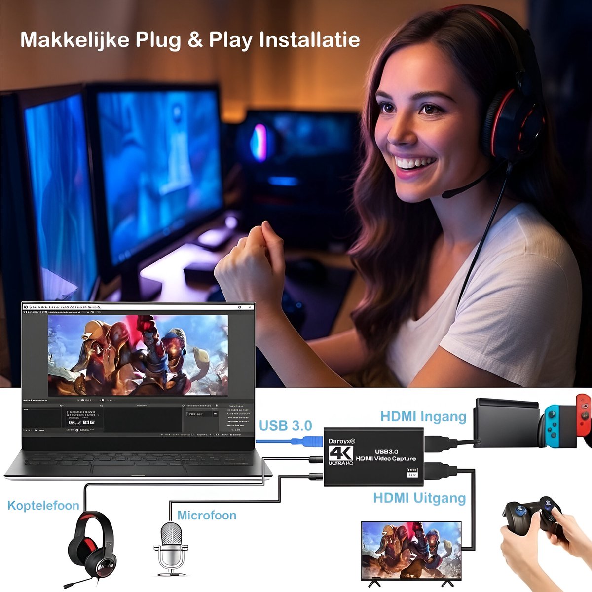 Daroyx® VCC4K Pro Video Capture Card - USB-A 3.0 - HDMI 4K@60Hz - Geschikt als Game Capture - Zilverkleurig thumbnail 3