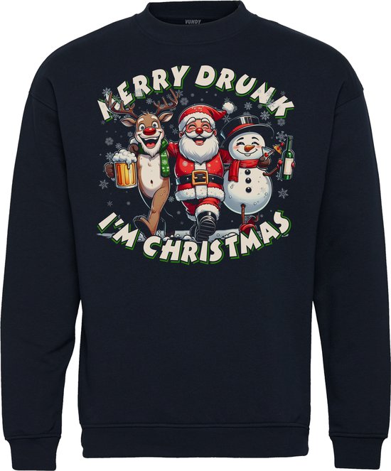 Pull de Noël Joyeux Ivre Je suis un dessin animé de Noël | Pull de Noël | Pulls de Noël moches pour hommes et femmes | Pull de Noël | Marine | taille L.