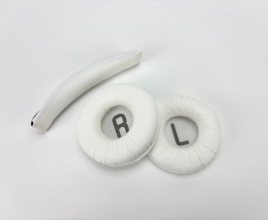 Coussinets d'oreille blancs marqués L et R et un coussin de serre-tête blanc.