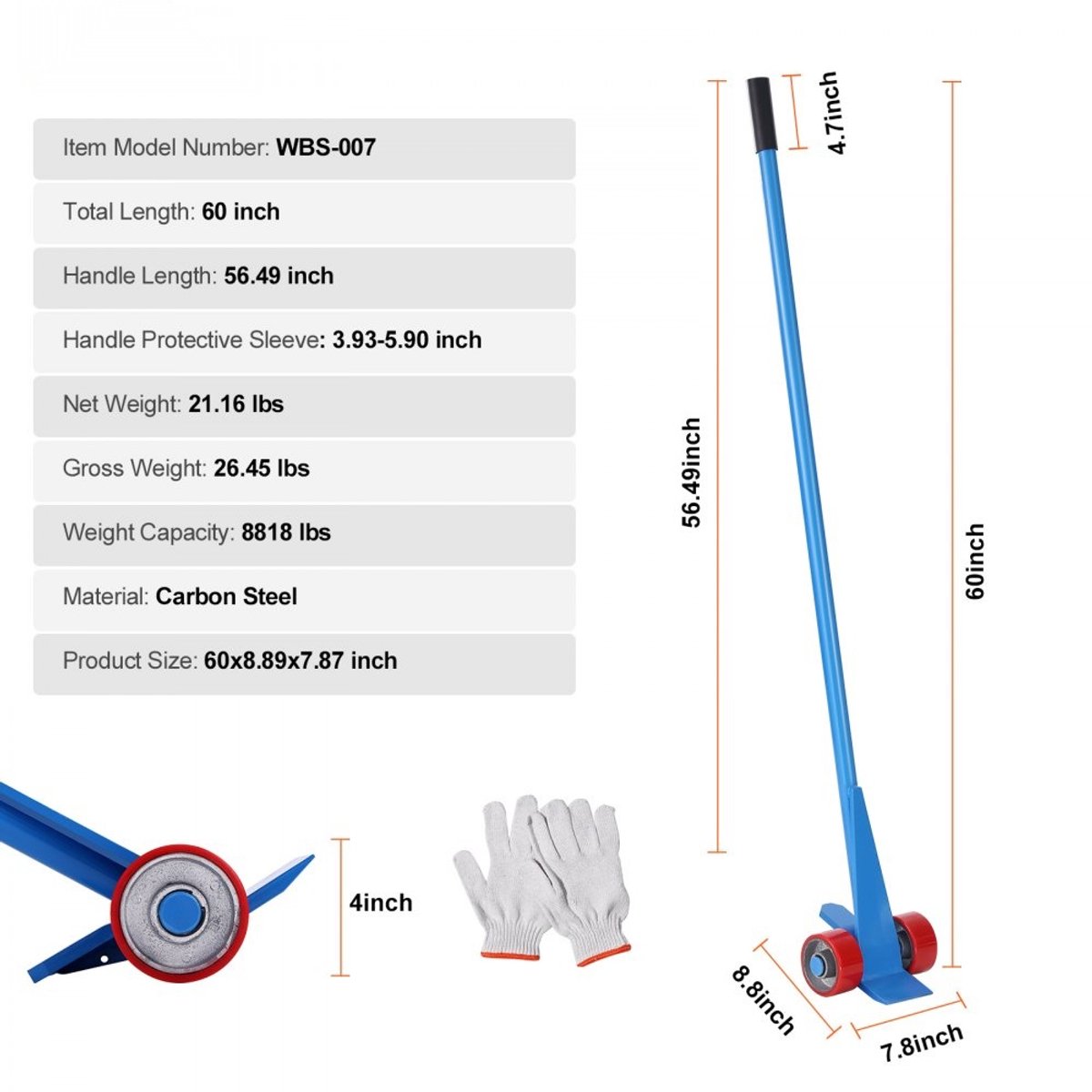 Hefkoevoet - Rolhevel / Machineheffer Met Wielen - Lengte 152,4 cm - Draagvermogen 4 Ton - Q235 Koolstofstaal - Inclusief Handschoenen