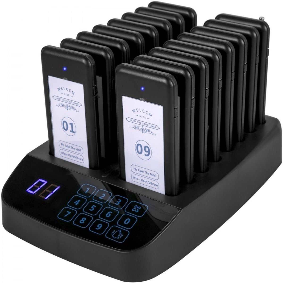Restaurant Pagersysteem - Draadloos Klantoproepsysteem - 16 Pagers - Touchscreen Zender - Bereik 500 m - Trillen/Zoemer/Flits - Voor Restaurants, Foodtrucks en Kerken