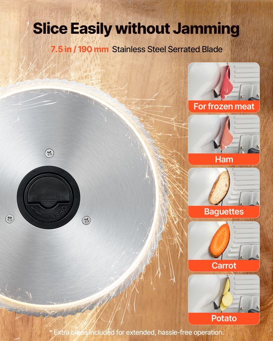 VEVOR Vleessnijmachine, 7,5 Inch 200 W Elektrische Delicatessensnijmachine met Sus420-Mes, Instelbare Dikte Van 0-0,6 Inch, Etl-Gecertificeerde Huishoudelijke Voedsel-Snijmachine voor Vlees, Ham, Stokbrood, Biefstuk van Vevor — afbeelding 3