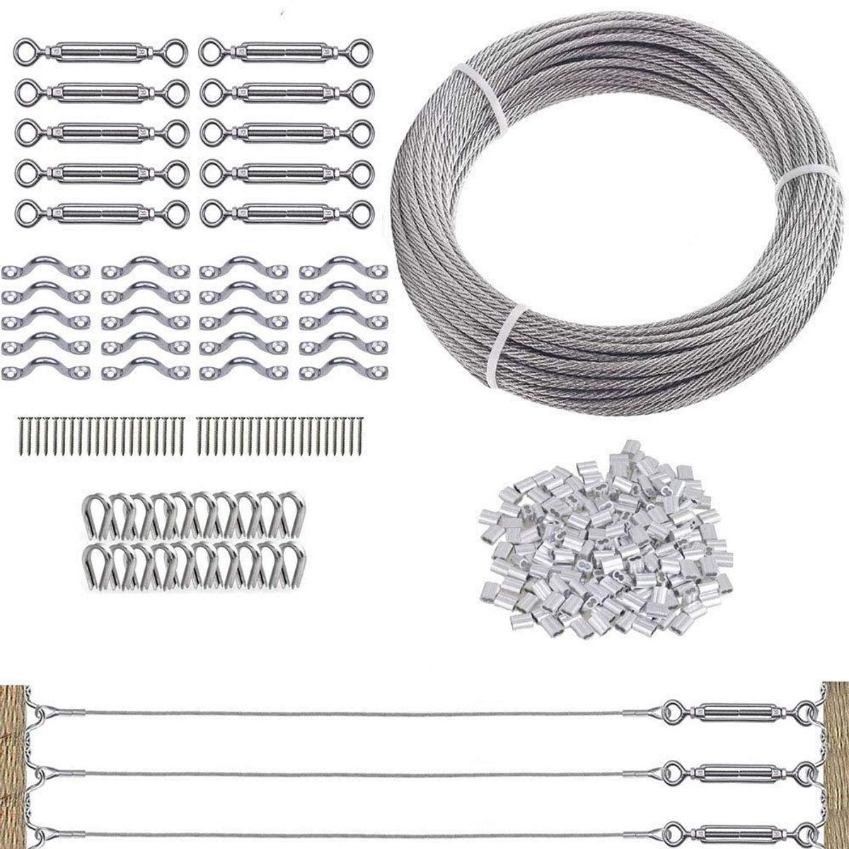 10 Pack Heavy Duty RVS Kabelrailing Kits voor Houten Palen – 200FT 1/8 T316 RVS Kabel