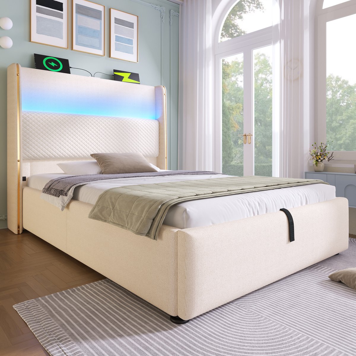 Merax Eenpersoonsbed 90x200cm - met hoge rugleuning - LED-verlichting - opbergruimte en USB/Type-C-poorten - beige - zonder matras