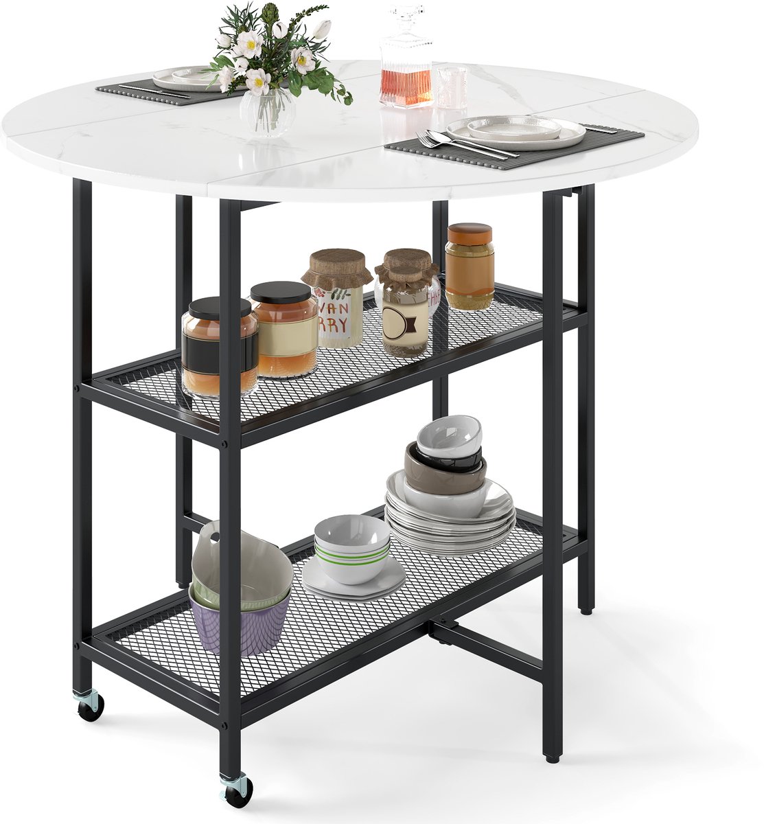 Costway Eettafel inklapbaar, mobiele klaptafel voor 2-4 personen, keukentafel met 2 opbergvakken, eetkamertafel, marmerlook, ronde tafel voor eetkamer, woonkamer (wit)