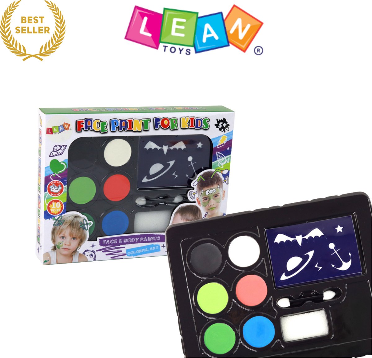 Kinder Schmink Set – Creatieve DIY Make-up & Gezichtsverf met Sjablonen, Kwast & Spons – 6 Veilige Huidvriendelijke Kleuren – Perfect voor Feestjes & Verkleden – CE & EN71 Gecertificeerd Met Ebook