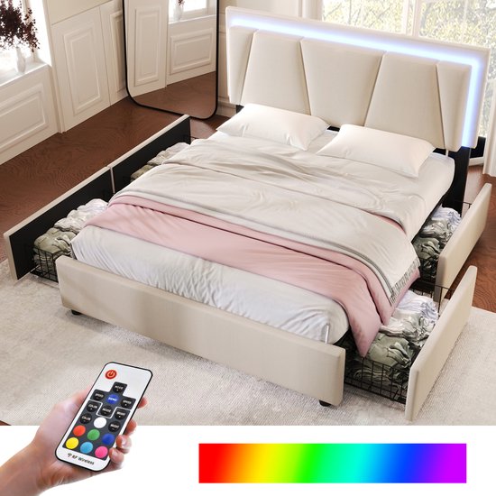 Lit deux places avec espace de rangement 140x200 cm avec 4 tiroirs et éclairage LED - Lit rembourré avec espace de rangement et tête de lit réglable en hauteur - Lin - Beige