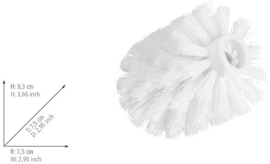Witte toiletborstelkop met afmetingen H: 9,3 cm, B/D: 7,5 cm.