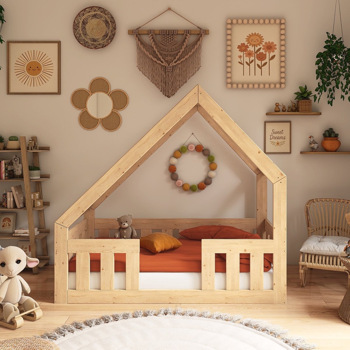 Need Sleep Montessori Huisbed 70x140 cm – Peuterbed met Asymmetrisch Dak en Valbeveiliging – Naturel Hout