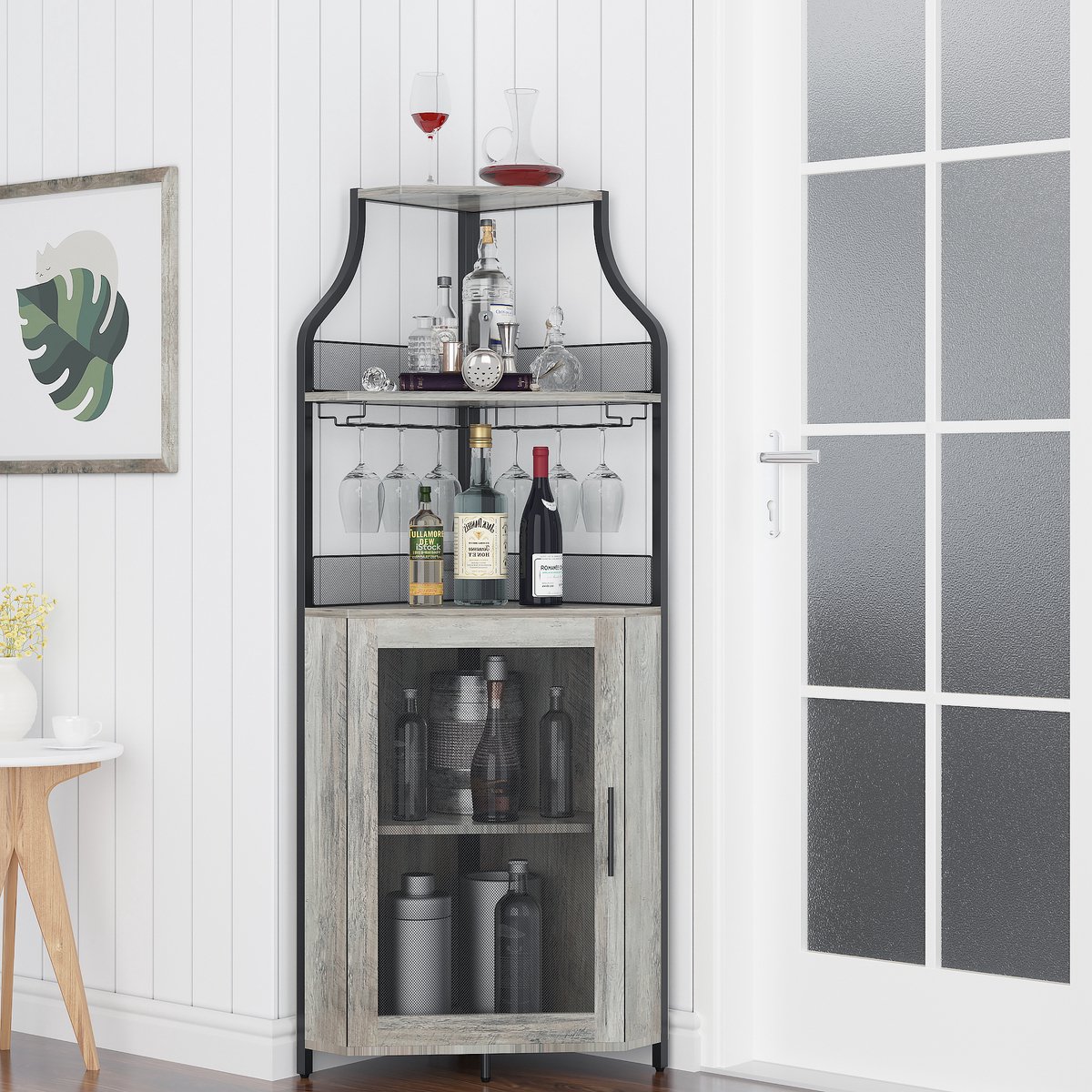 Brisakys - Hoekbarkast - Wijnkast - Industrieel - Metaal - Gaasdeuren - Verstelbare Plank - Anti-Kantelset - 45x45x150cm - Grijs – foto 4