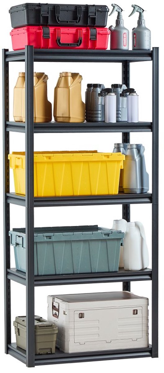 Stellingkast - Boutloos Magazijnrek - Draagvermogen 907 kg - 5 Niveaus - Verstelbare Legborden - Robuuste Metalen Constructie - Afmeting 45,7 x 81,3 x 182,9 cm - Zwart