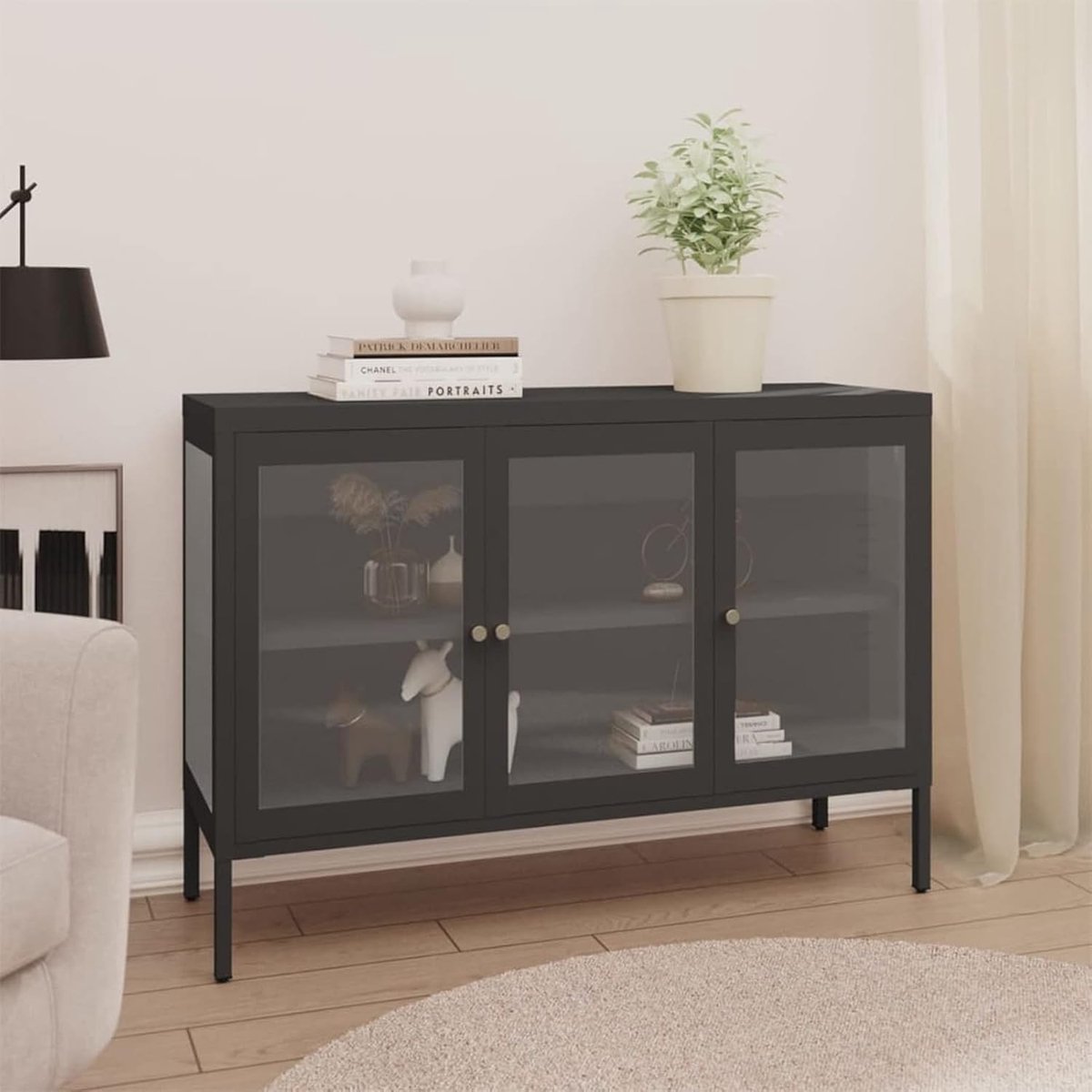 Stalen en Glazen Dressoir met Verstelbare Planken – Vitrinekast en Opbergkast voor Woonkamer, Boeken, Decoratie en Verzamelobjecten – Antraciet 105x35x70 cm