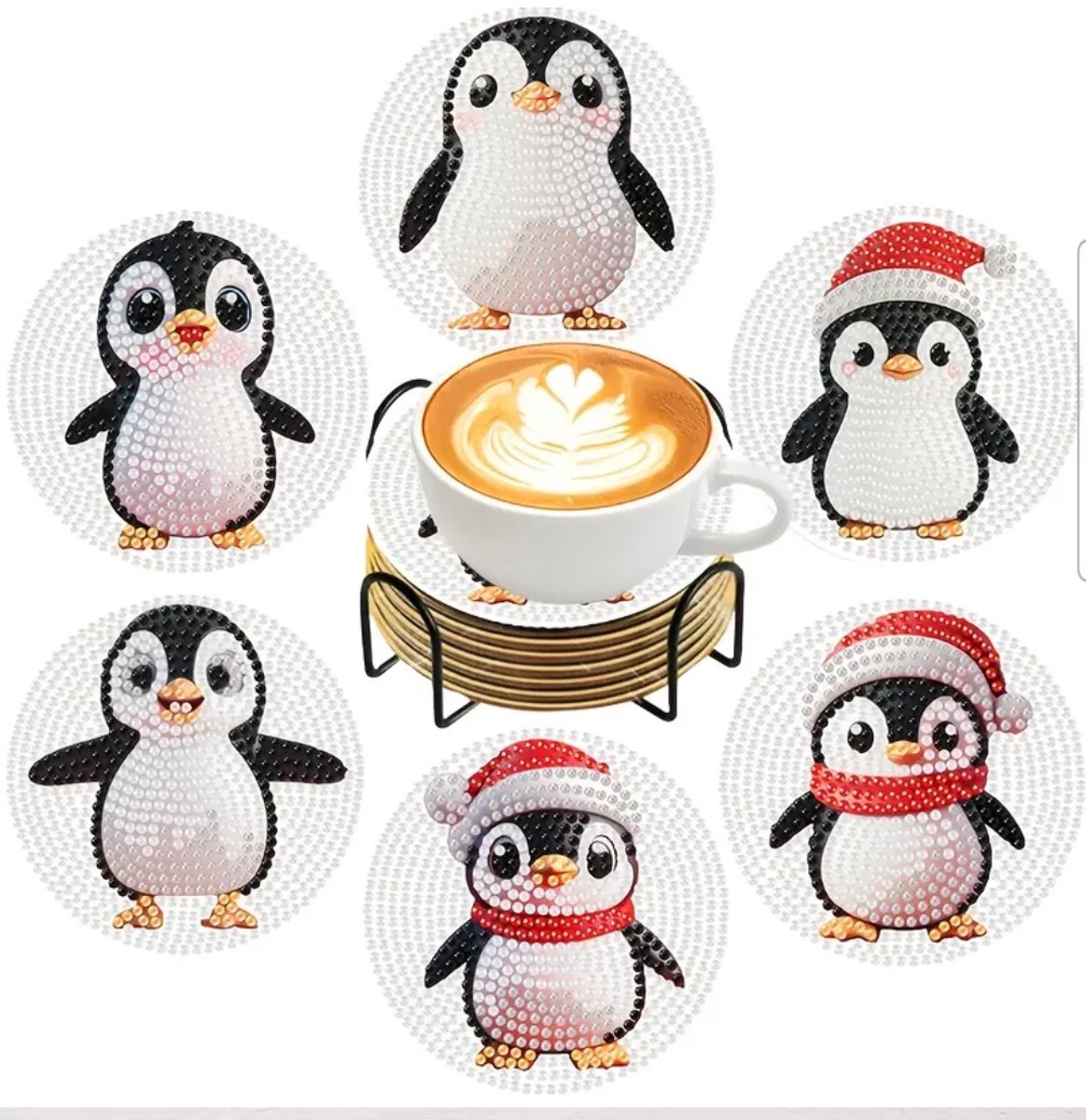 Diamond painting onderzetters kerst pinquins 6 stuks - zonder houder