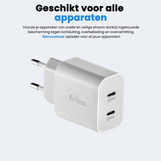 Faas USB C Oplader - Snellader - 40W - 2x 20W Poort - 2 kabels - 1.5 meter - USB C Kabel - USB C naar USB C - Wit