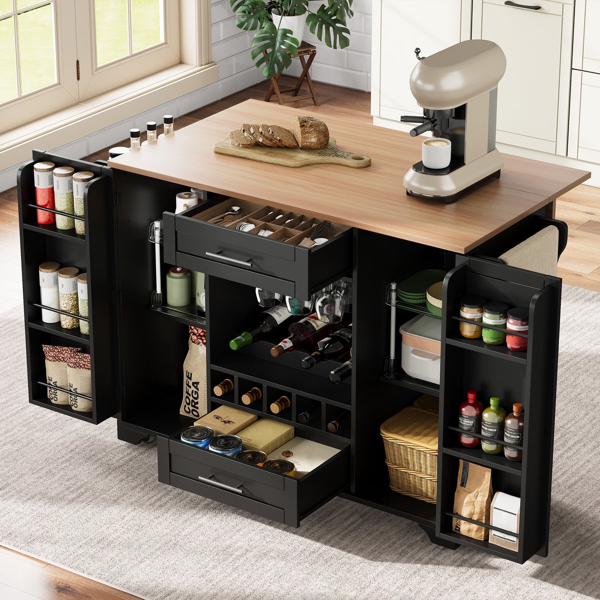 Keukenkar met opklapbaar werkblad, Kookeiland op wielen met wijnrek, glashouder, kruidenrek & handdoekhouder, 120x45/70x92cm, Zwart – Multifunctionele serveerwagen met opslagruimte