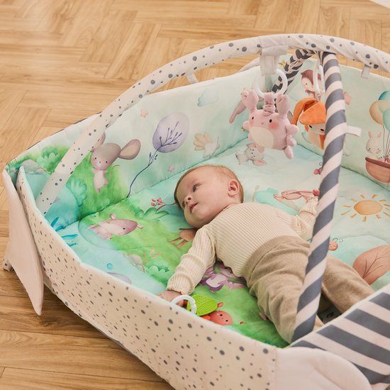 Lionelo Anika Plus 2-in-1 Babygym & Speelkleed – Met Verhoogde Randen (Boxfunctie) – Inclusief Tummy Time Kussen, Interactief Boekje & 5 Speeltjes – 115x110 cm