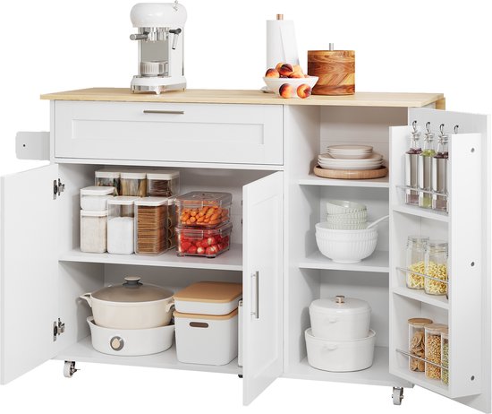 Îlot de Cuisine Multifonctionnel avec Roulettes Détachables,3 Tiroirs + Porte-Serviettes,Plan de Travail 135 cm - Maison