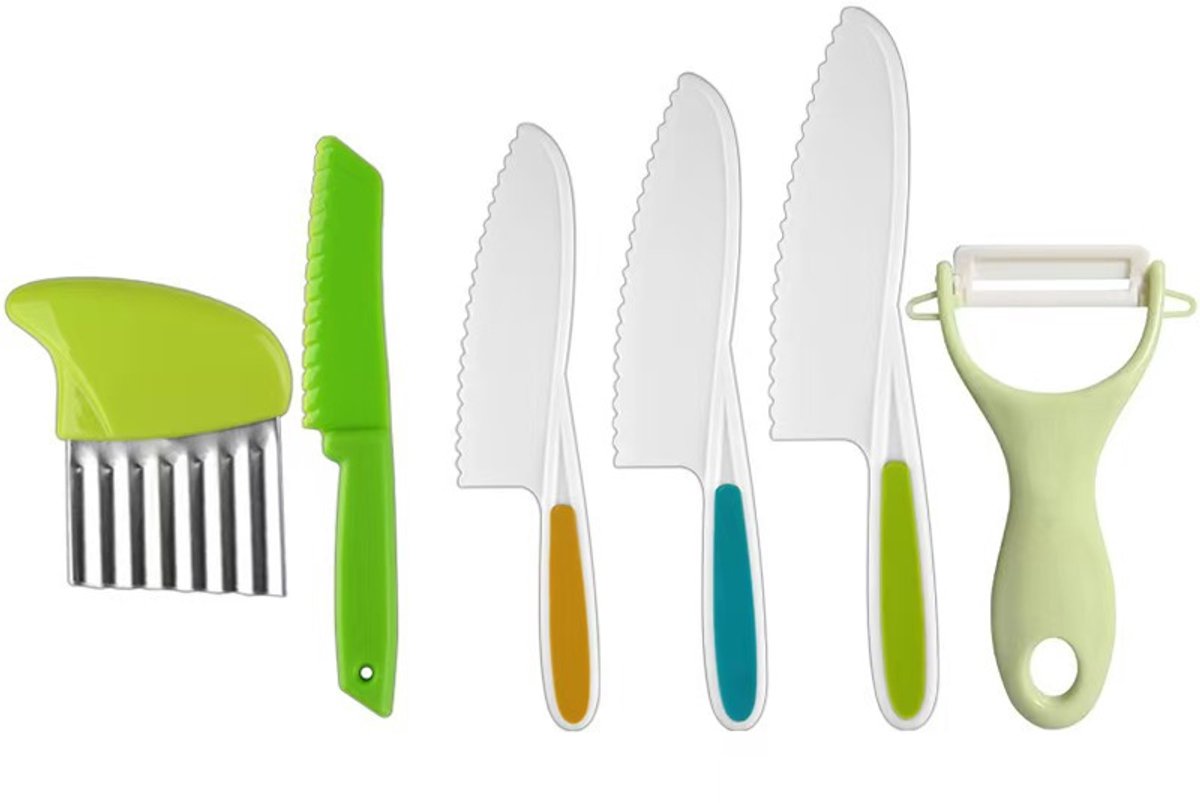 Keukengerei Set met - 6-delige messenset - Kindvriendelijke plastic keukenbenodigdheden - Geschikt voor jongens en meisjes vanaf 4 jaar- keuken- keuken accessoires (stijl F)