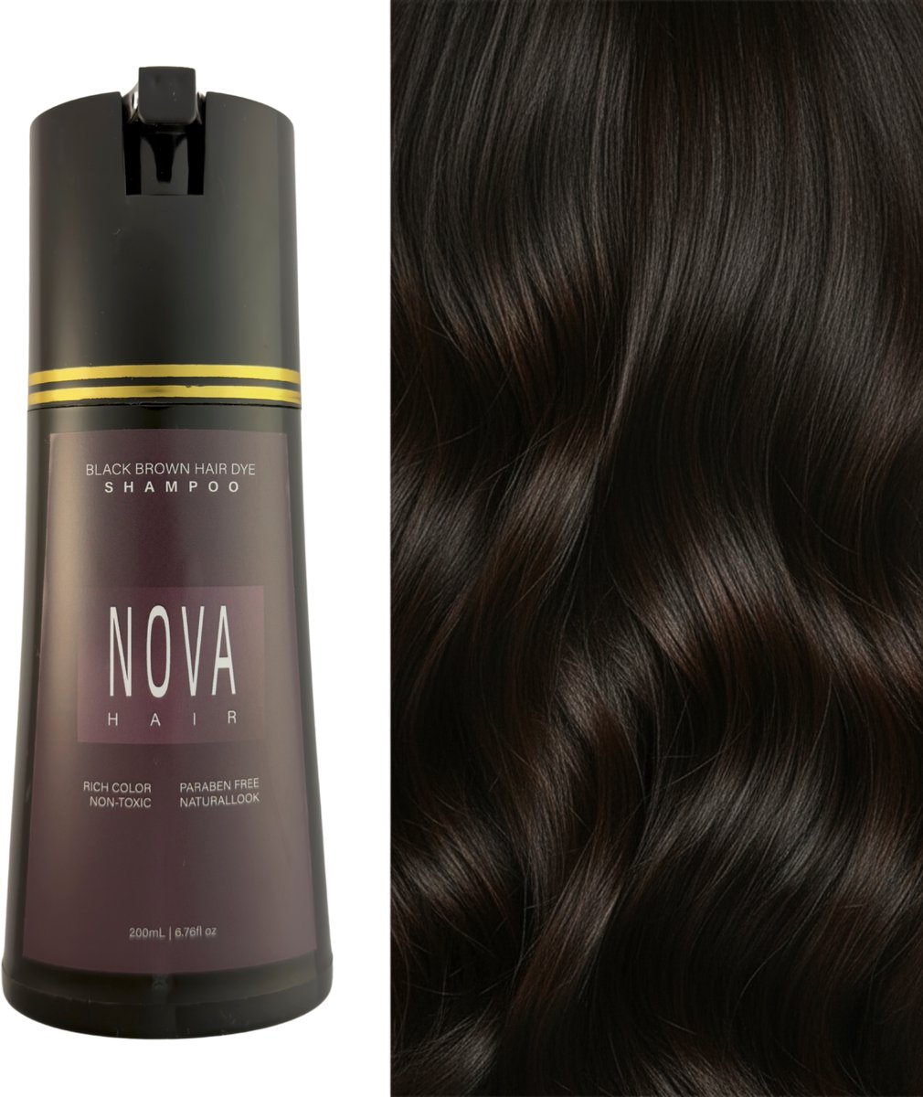 Nova Hair Instant Dye Shampoo Black-Brown - Rijk aan Natuurlijke Extracten - Dekking voor Grijs Haar - Kleur Shampoo voor man en vrouw - NovaHair - Nova Hair Shampoo Black Brown - 200 ml