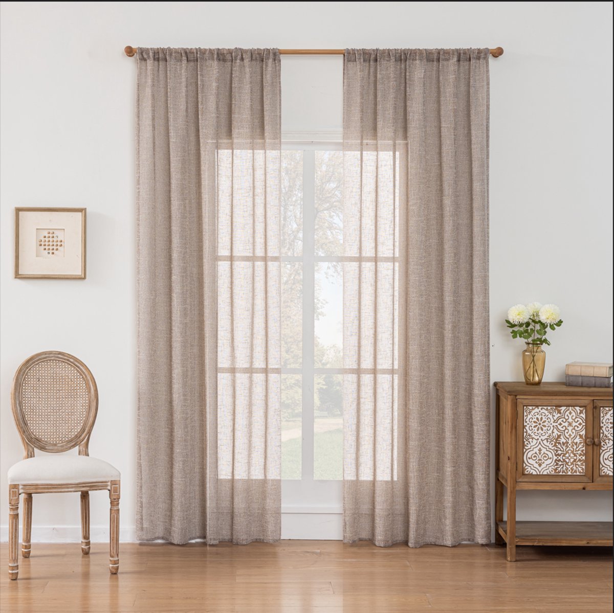 Floraweg Linen look slub voile Curtains with Eyelets for Living Room Bedroom Modern Boho Natural Curtain Semi-Transparent Eyelet Curtain Transparent ,bruin,132x220cm