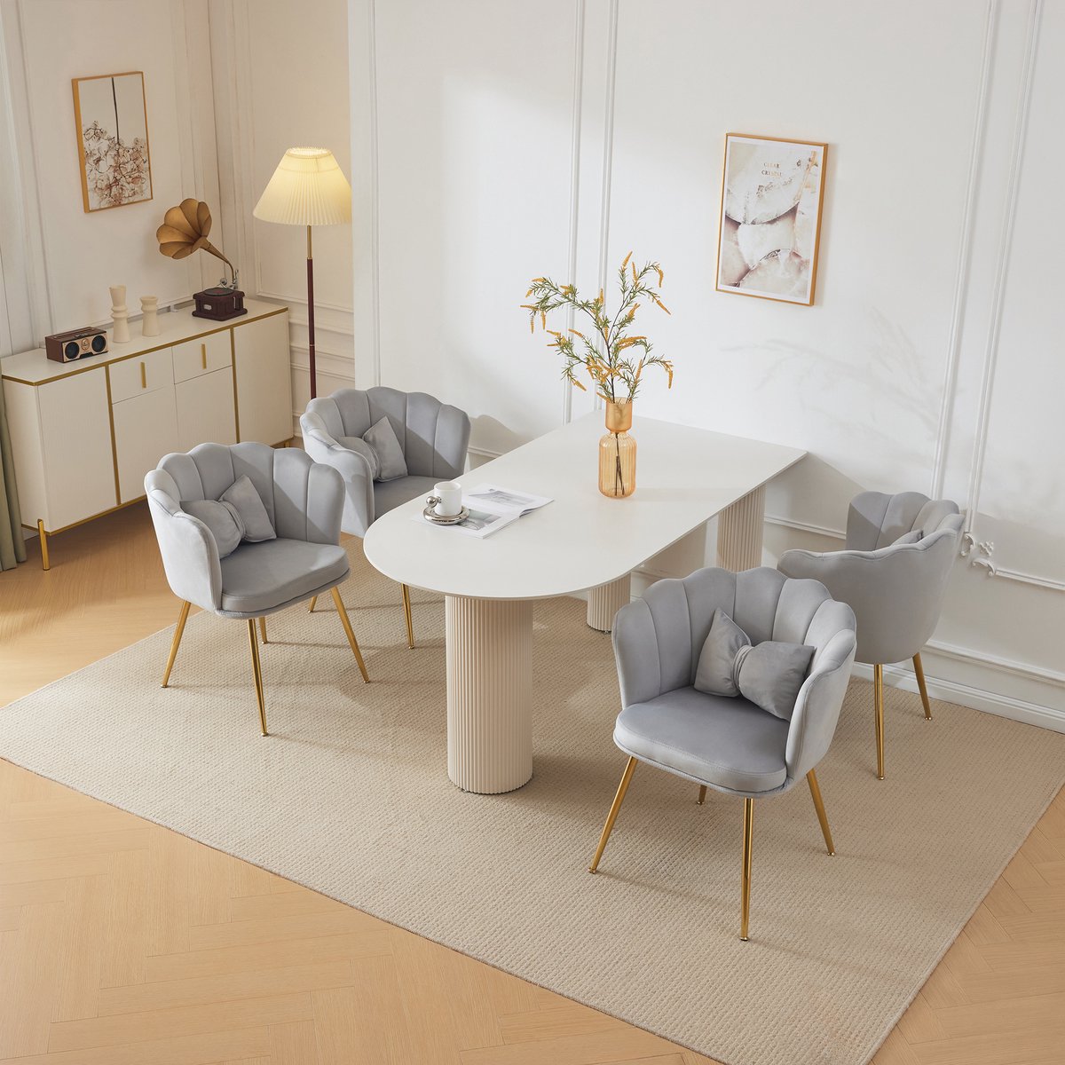 OKWISH Eetkamerstoelen - 62x54,5x77 cm - Set Van 4 Stoelen Met Bloemvorm Rug En Armleuningen - Fluweel - Grijs